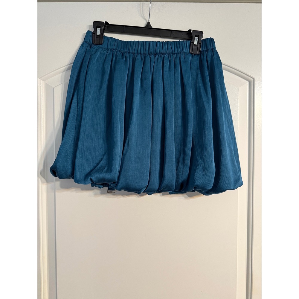 The Drop Takkunda Bubble Mini Skirt M Teal Blue NWT Hammered Satin